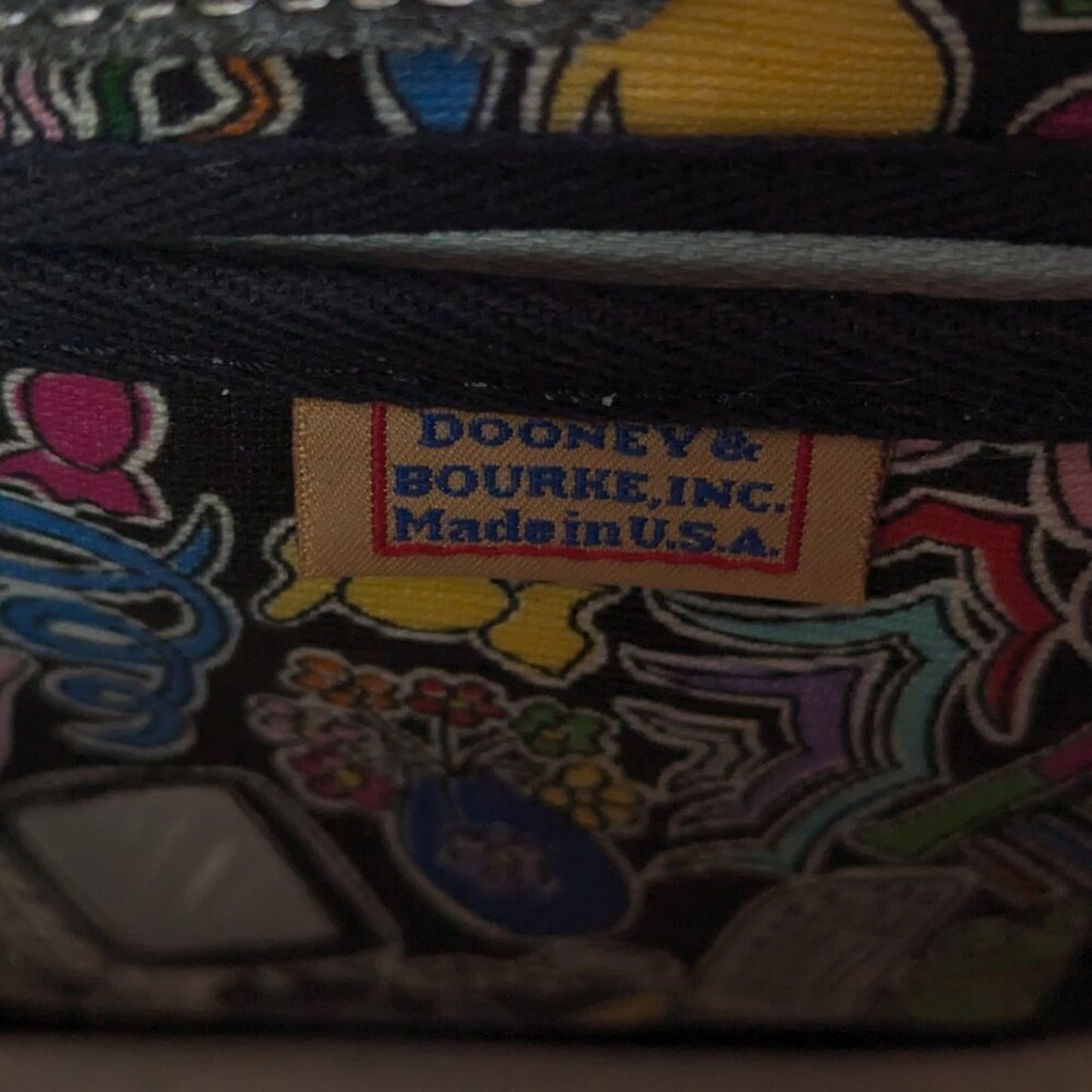 Dooney and Bourke Black I Love Shopping Tassel Tote Bag Whimsy Graphic Colorful