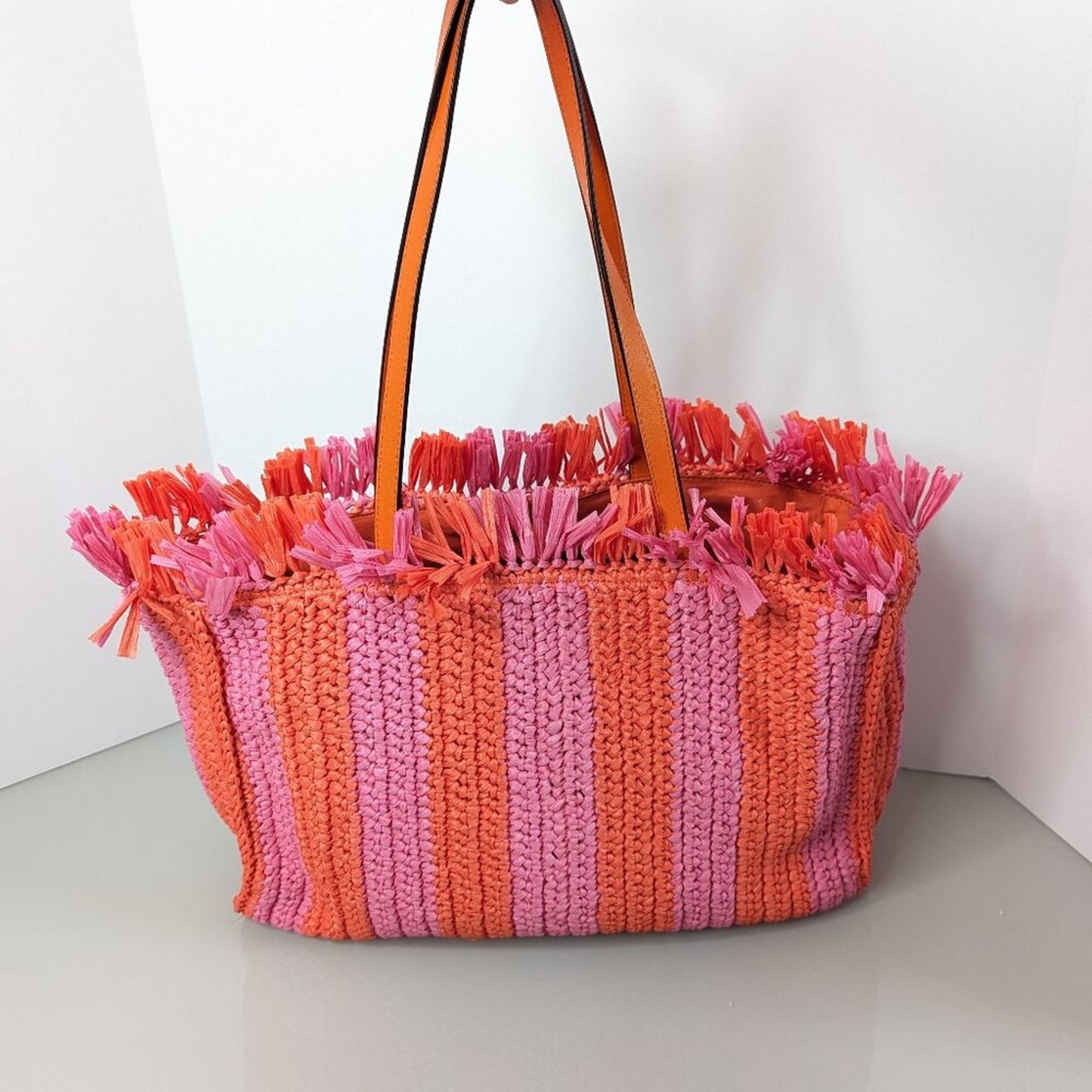 Kate Spade New York Pink Orange Sam Stripe Straw Large Tote Bag Woven Beach