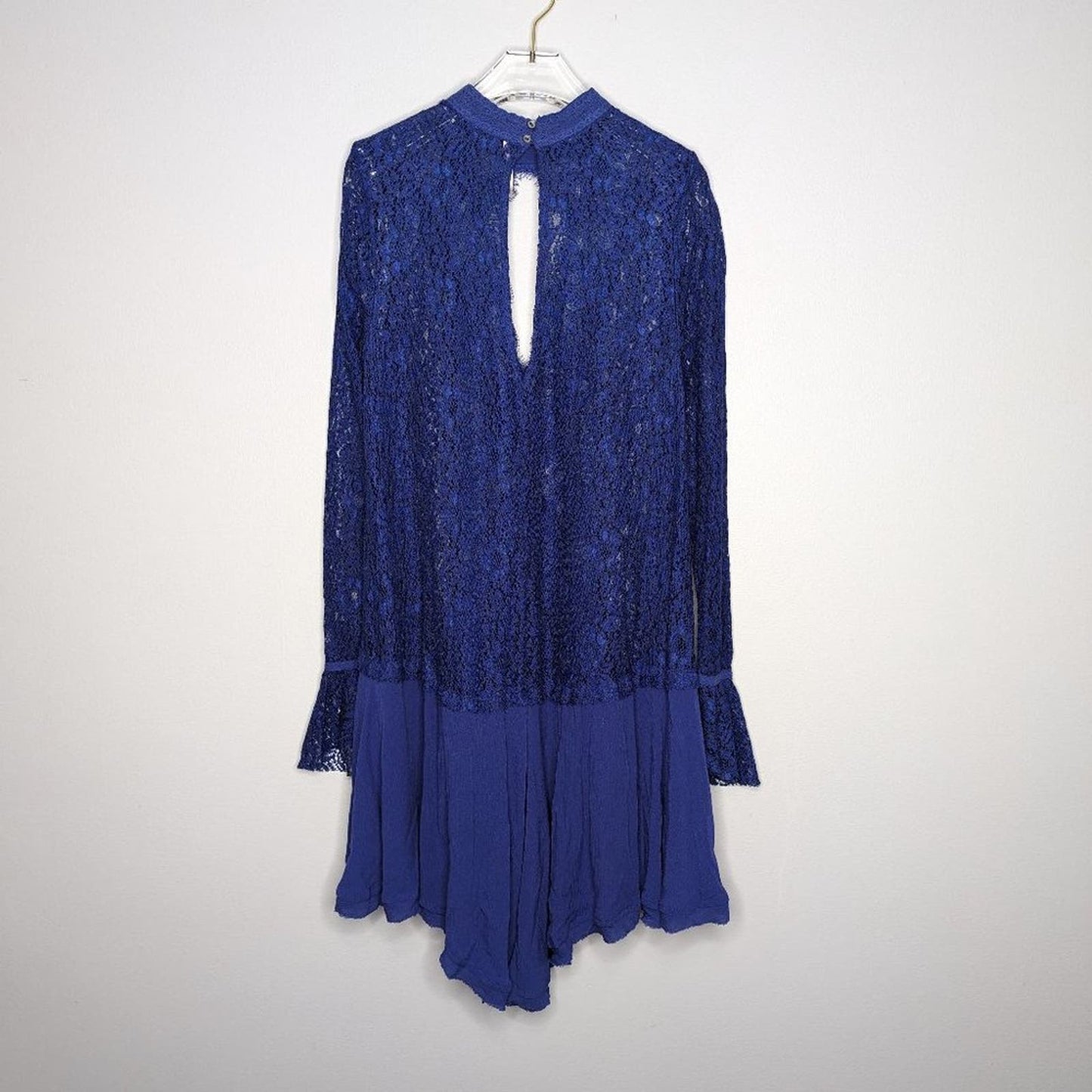 Free People Blue Tell Tale Tunic Dress Long Sleeve Sheer Lace Cutouts High Neck