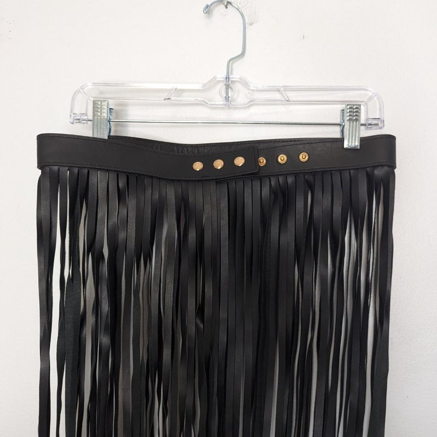 Faux Leather Black Long Fringe Belt Skirt Adjustable Snap Close Midi Length