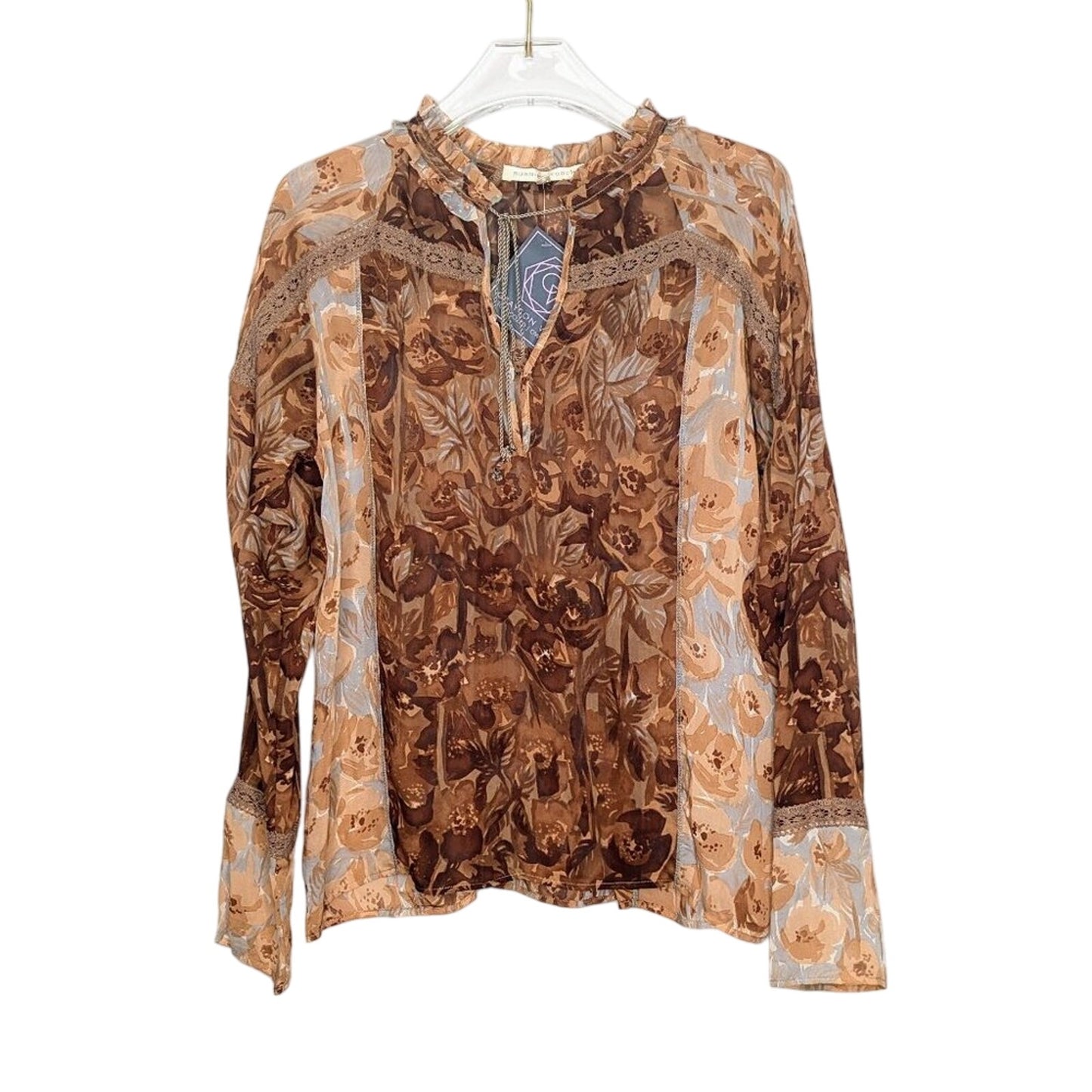 Burning Torch Tan Silk Long Sleeve Blouse Ruffle Trim Tie Neck Floral