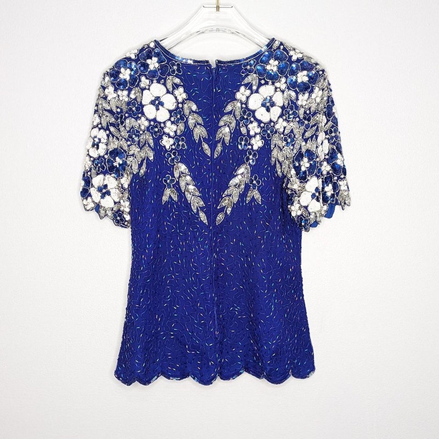 Vintage Stenay Blue Short Sleeve Sequin Beaded Top Floral Silk Back Zip Size 8