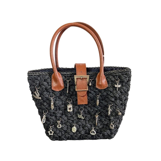 Vintage Black Woven Crossbody Bag Upcycled Jewelry Charms Double Handle Snap