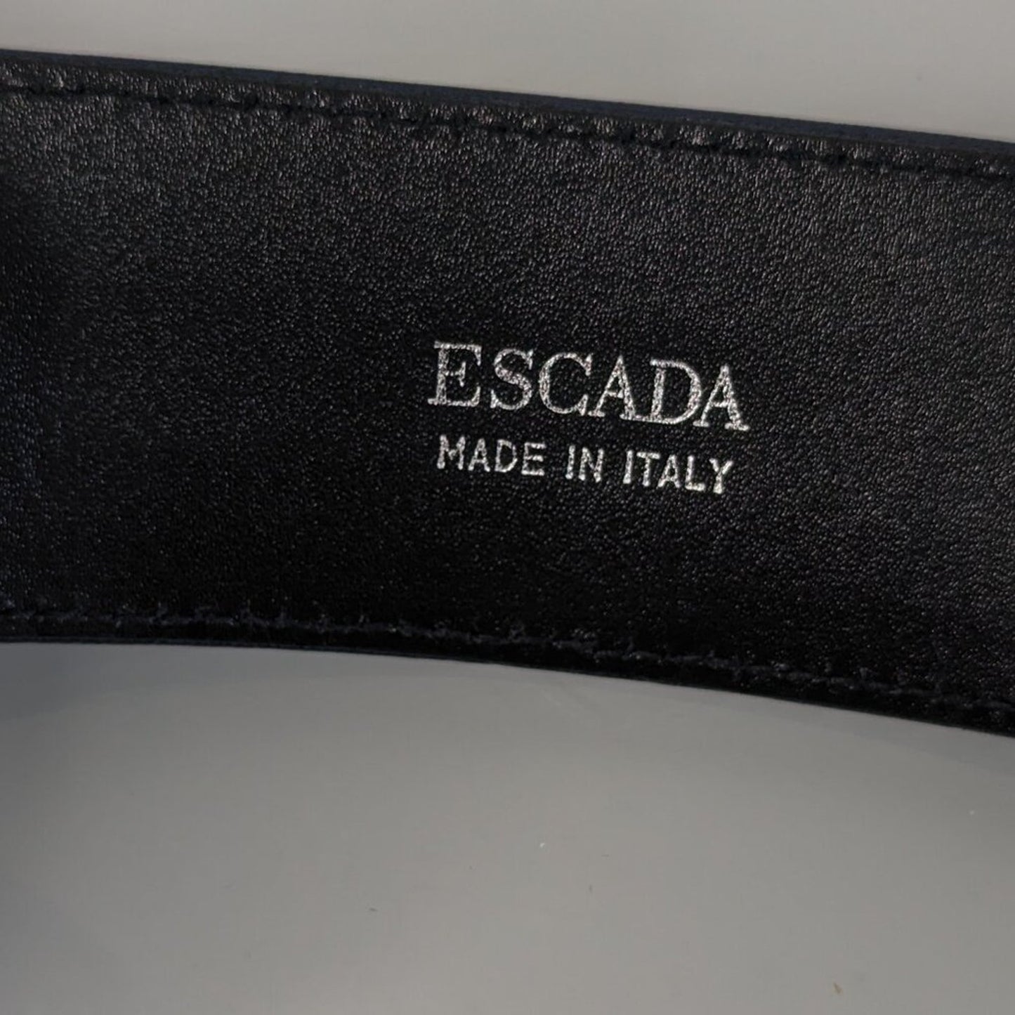 Escada Vintage Navy Blue Leather Belt White Star Pattern Silver Buckle Signed 40