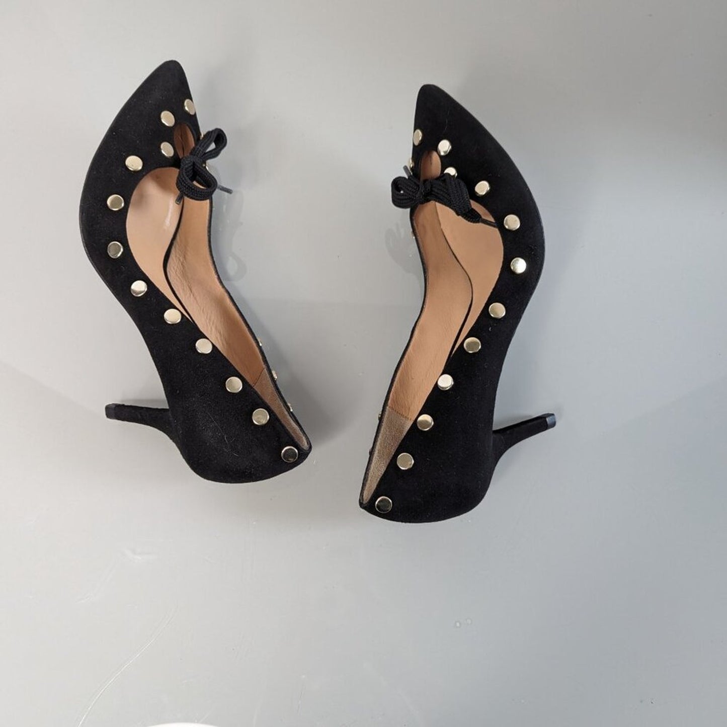 Anthropologie Hoss Intropia Black Pointed Toe Heels Gold Studs Cut Out Bows 37