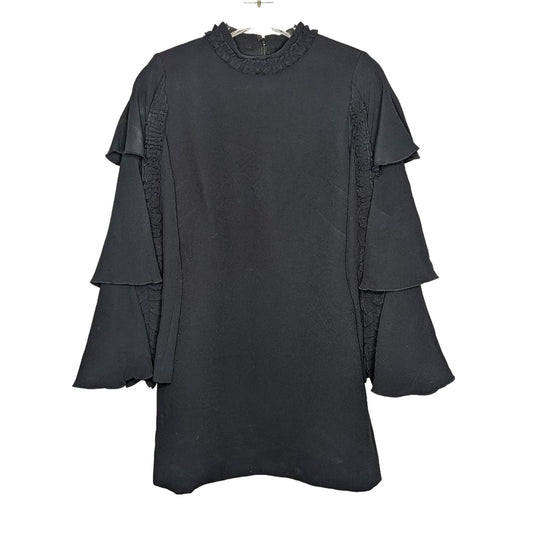 Alexis Black Marianne Tiered Bell-Sleeve Crepe Mini Dress Ruffled Trim Size M