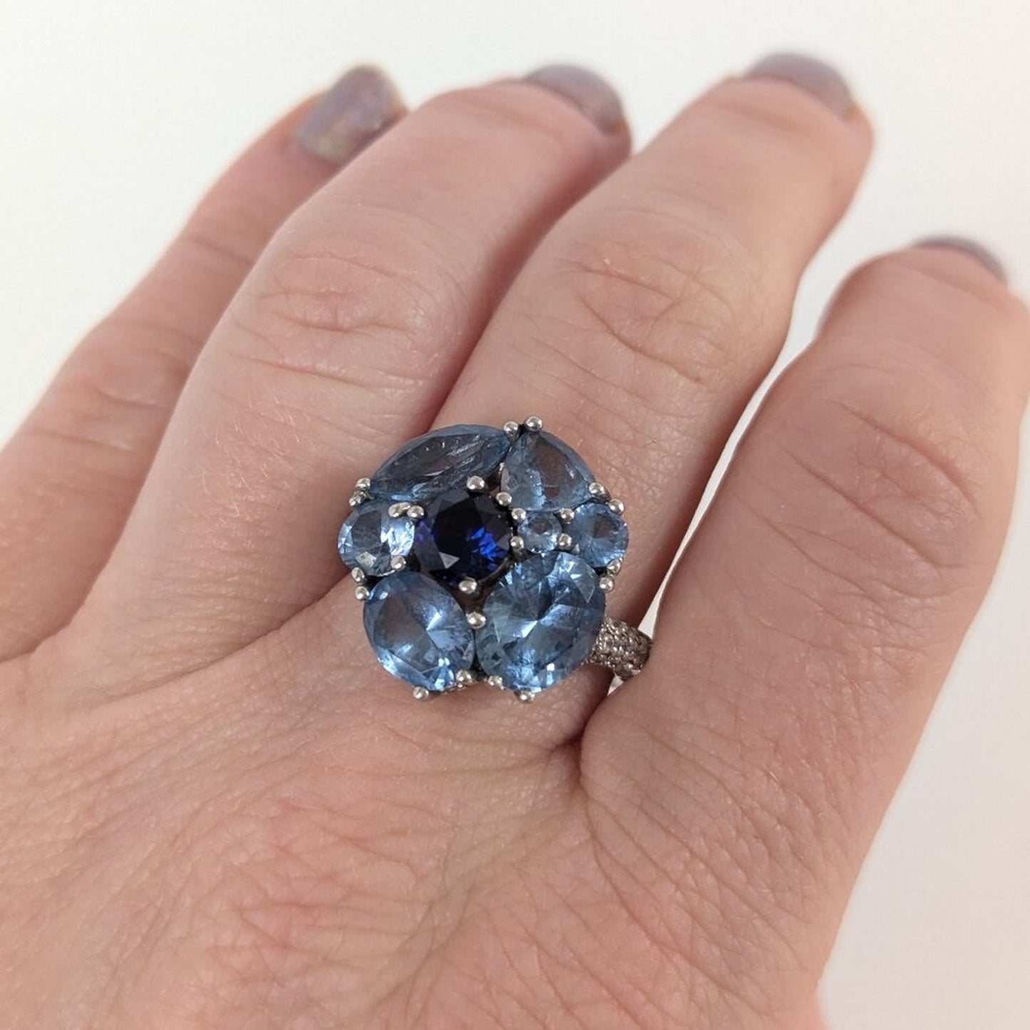 Jean Dousset Sterling Silver 925 Blue Topaz Flower Cocktail Ring Size 8