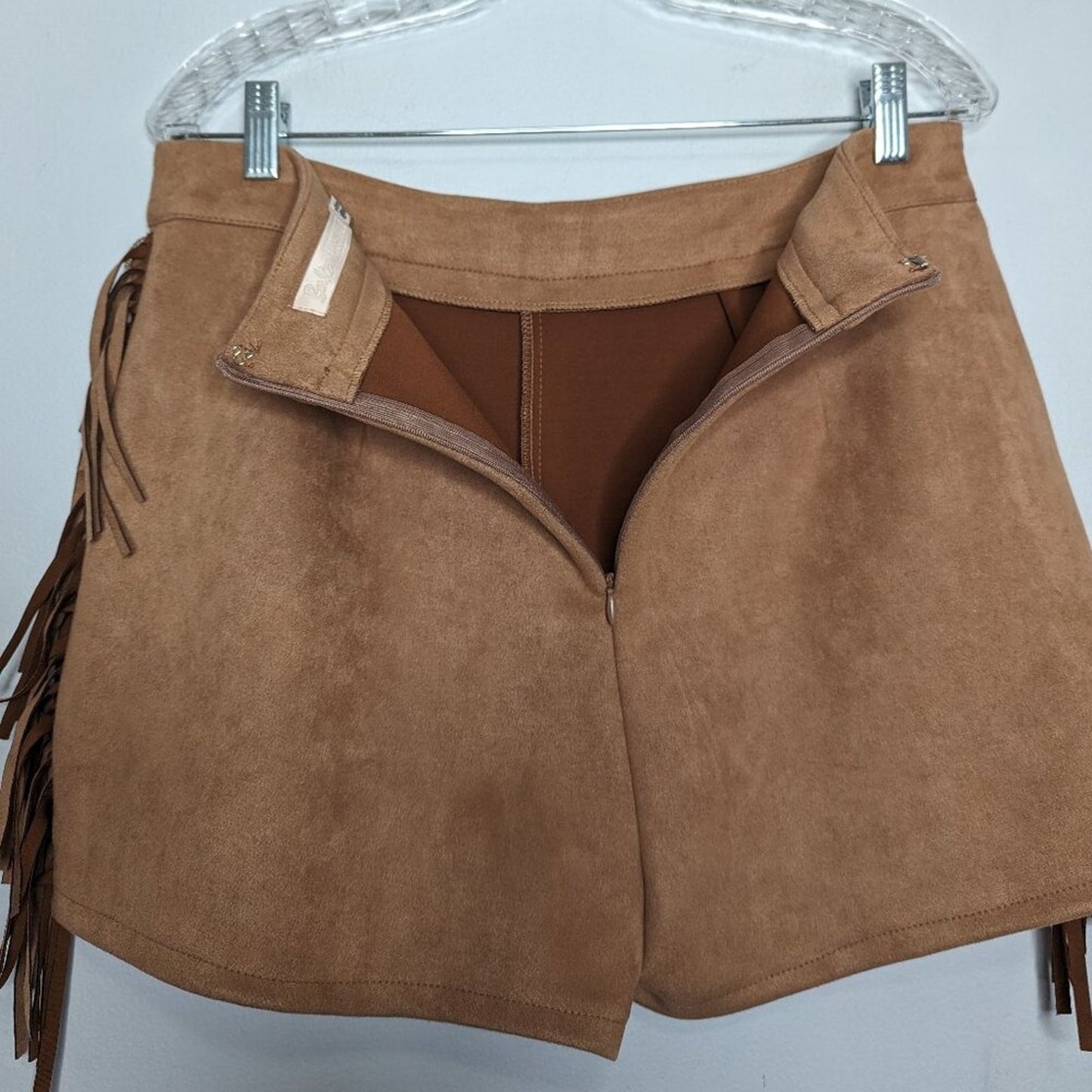 Barbie x Missguided Tan Fringe Faux Suede Shorts Western Embroidered Size 10