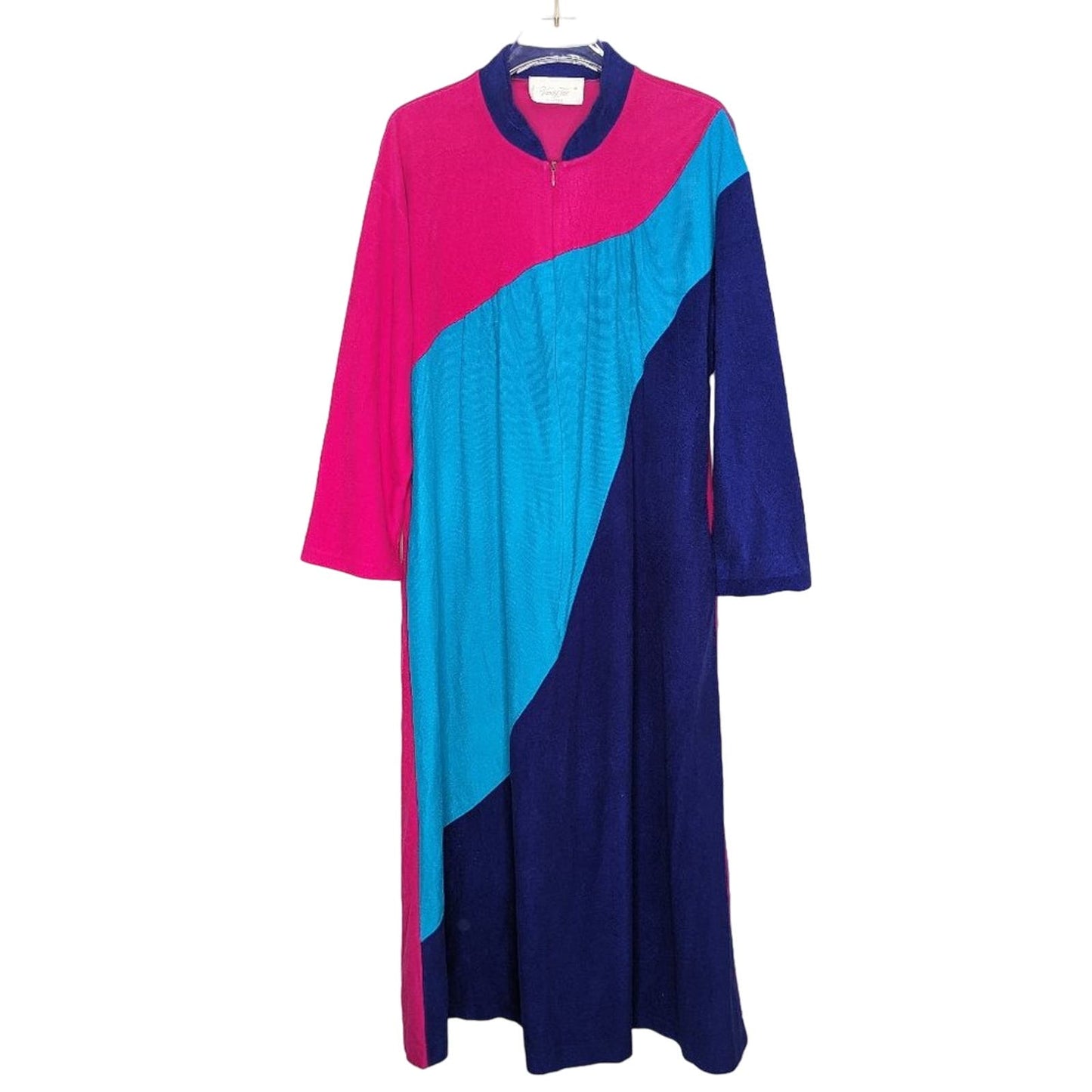 Vintage Vanity Fair Pink Purple Blue Color Block Velour House Dress Robe Size M