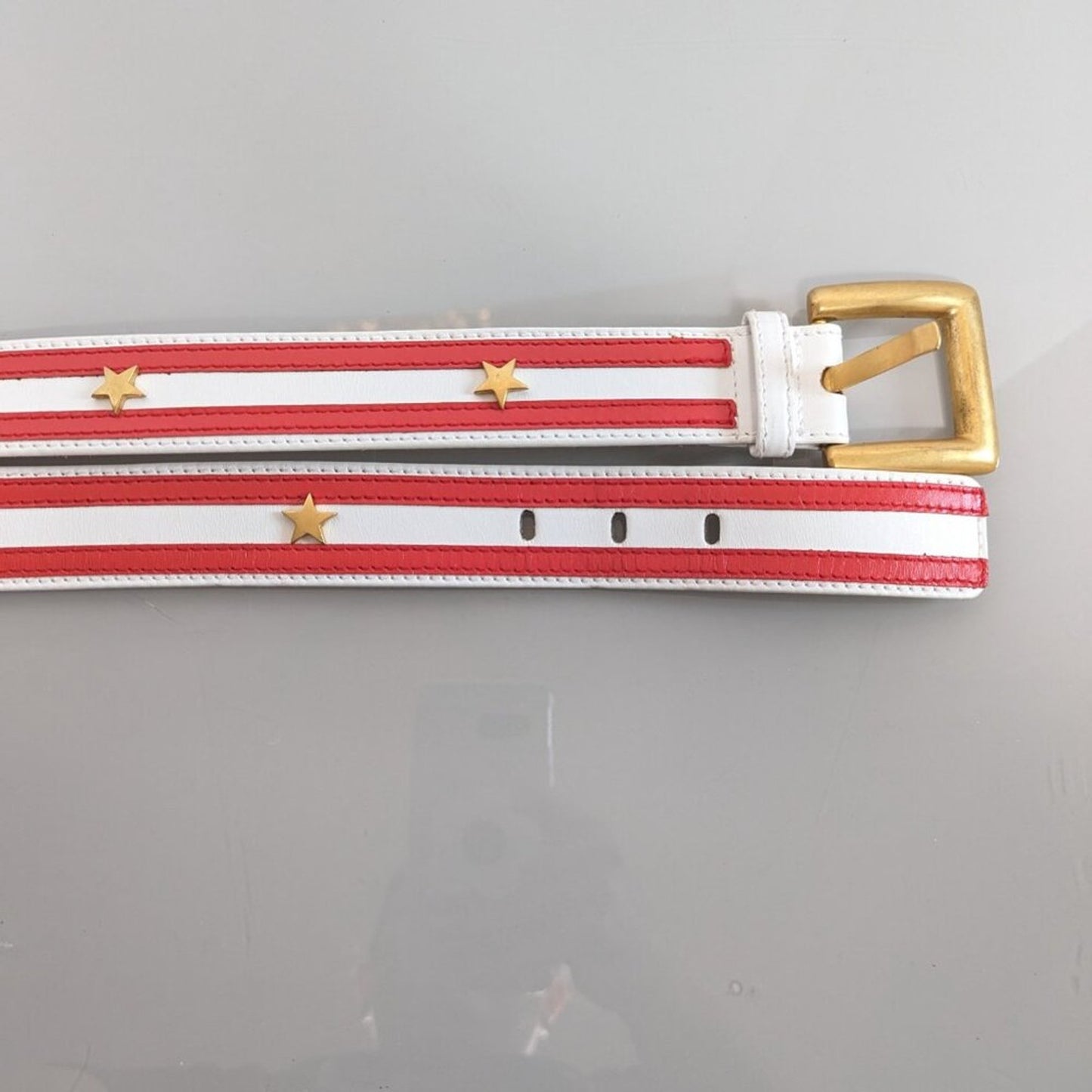 Escada Vintage Red White Striped Leather Belt Gold Star Studs Buckle Adjustable