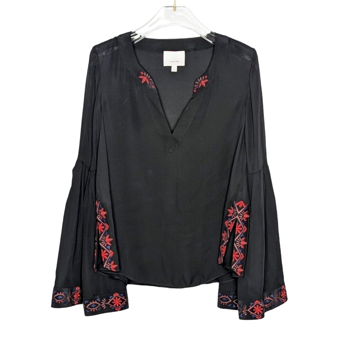 Cinq A Sept Black Silk Long Bell Sleeve V-Neck Boho Blouse Embroidered Size S