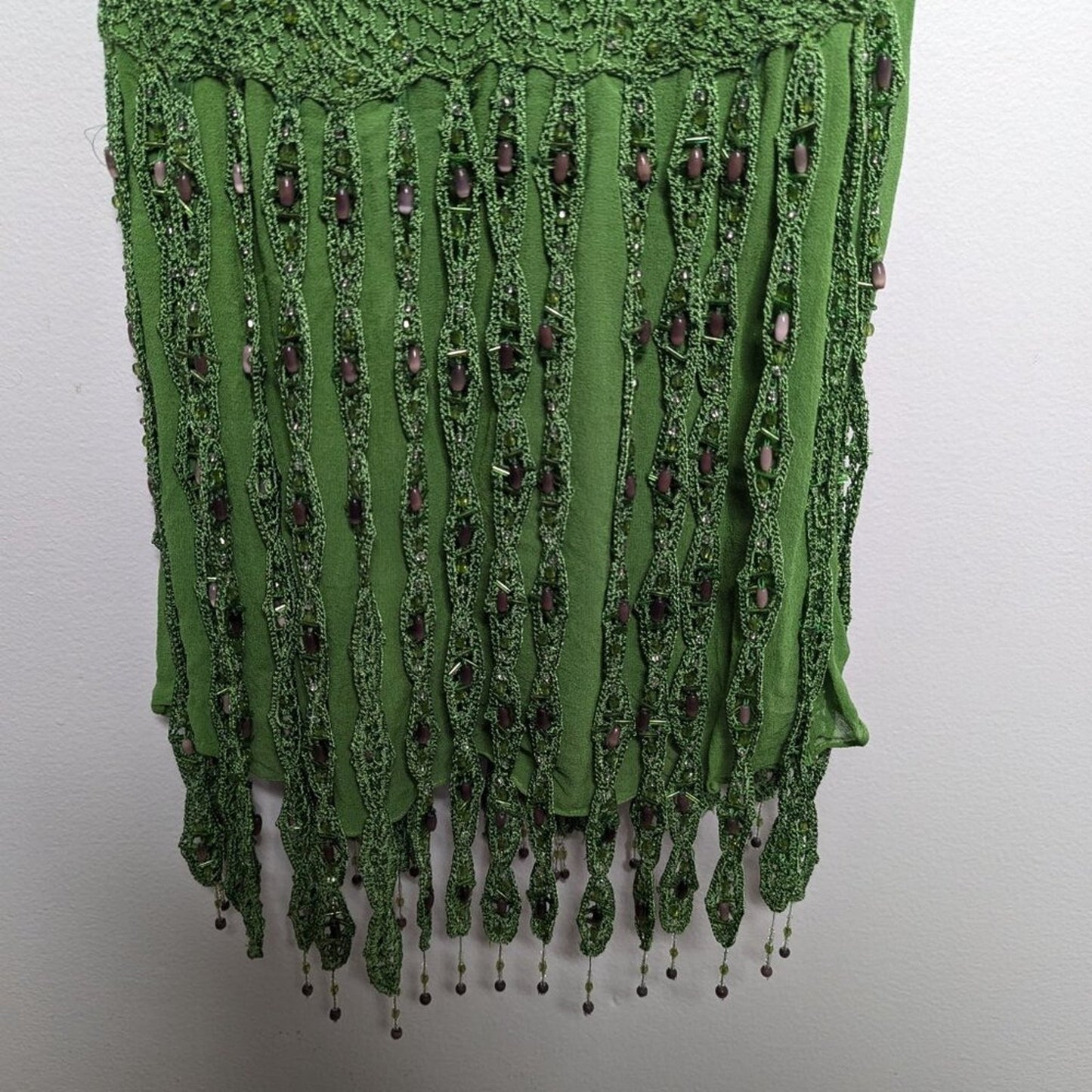 Sue Wong Vintage Green Silk Midi Dress Y2K Crochet Fringe Beaded Sleeveless 6