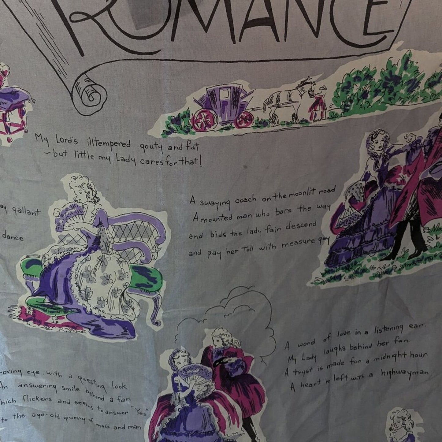 Vintage Gray Purple Silk Large Square Scarf Rococo Romance Imagery Rolled Edge