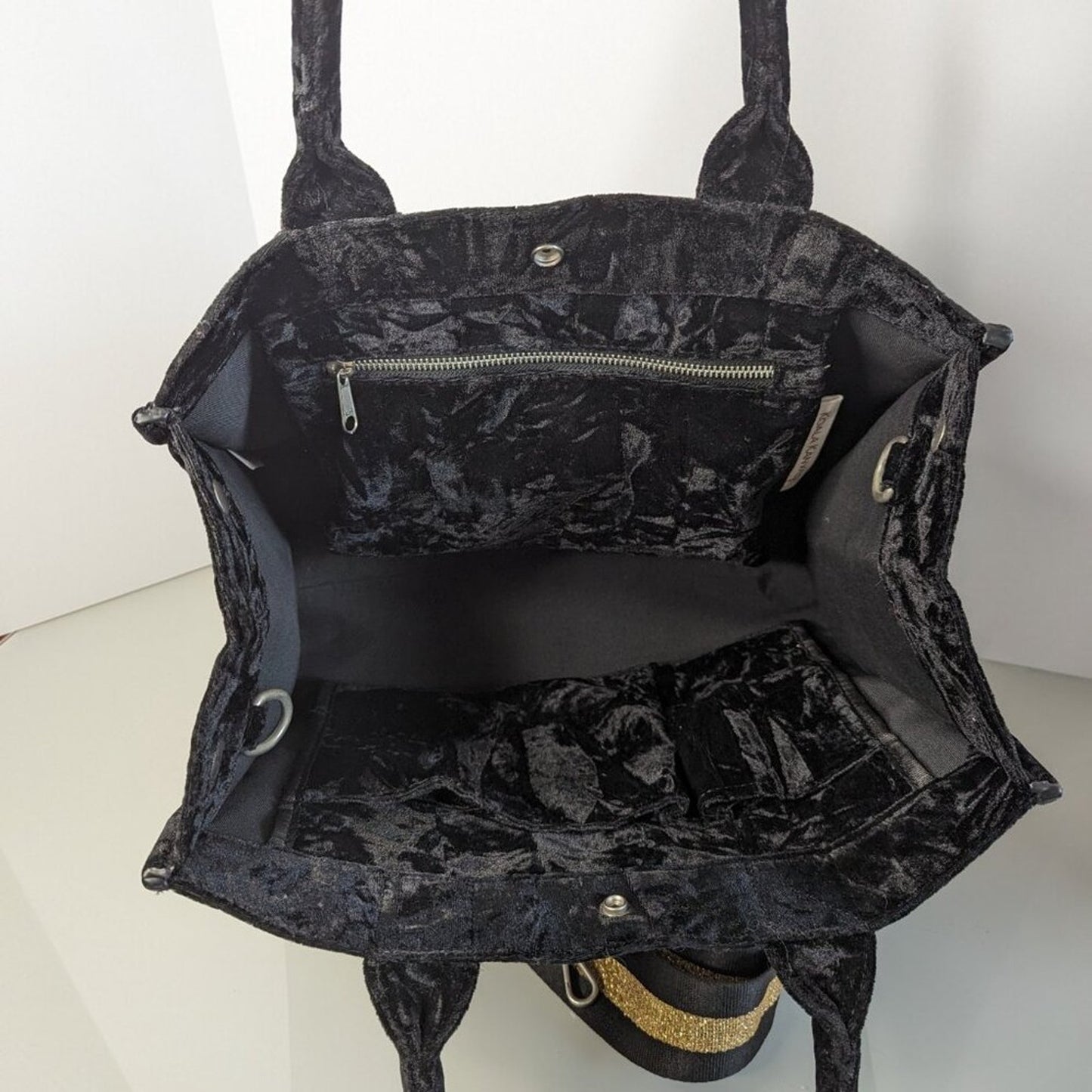 Quilted Koala Black Crushed Velvet Midi East West Bag Gold Glitter Heart Strap