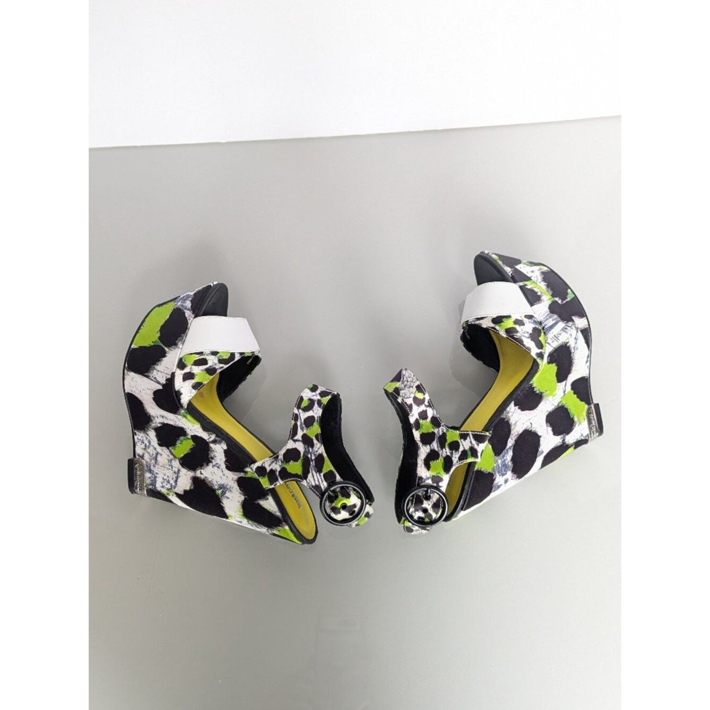 Just Cavalli Y2K Neon Black White Animal Print Open Toe Wedge Heels Size 38