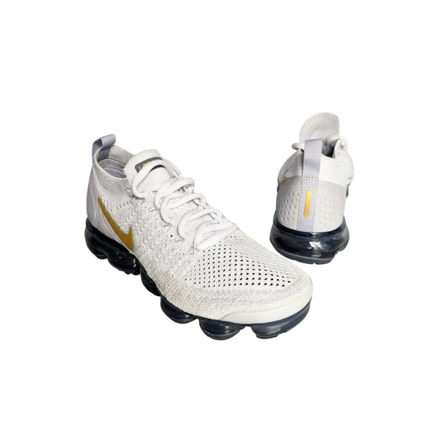 Nike Air VaporMax 2 Vast Grey Metallic Gold Knit Sneaker Size 7.5 Lace Up Comfy