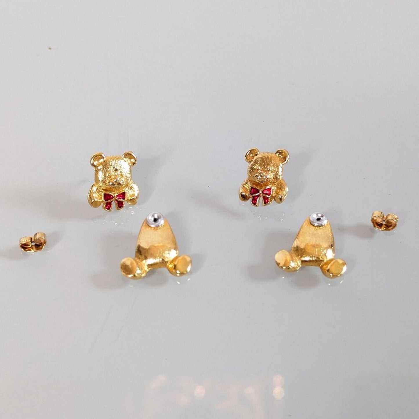 Vintage Avon Gold Tone Teddy Bear Ear Jacket Earrings Post Back Red Bow