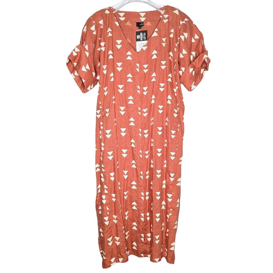 Lisa Bayne Orange V-Neck Short Sleeve Linen Dress Triangle Print Cuffed Sleeve M