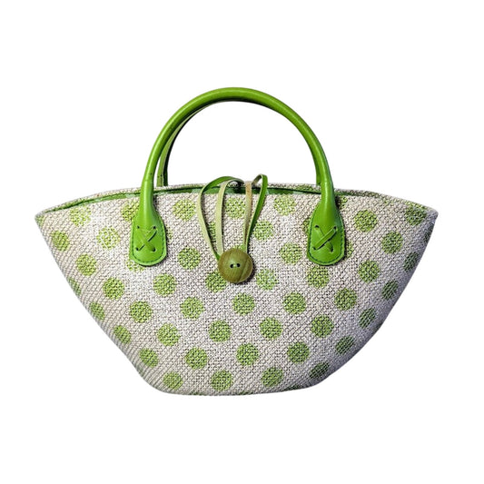 Acorn Green Polka Dot Double Handle Bag Silver Mesh Overlay Button Detail