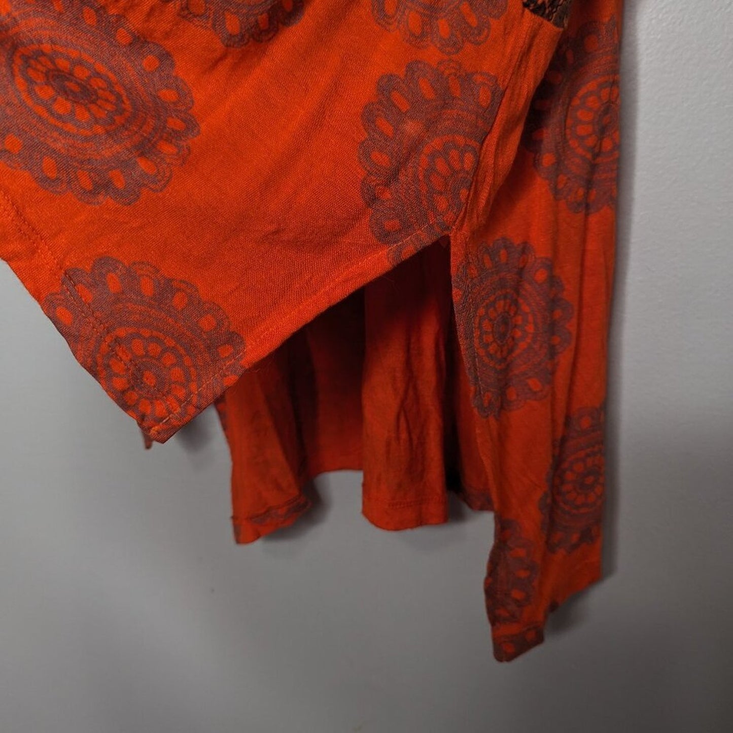 Language Orange Deep V-Neck Paisley Print Boho Blouse Semi Sheer Sleeve Size L