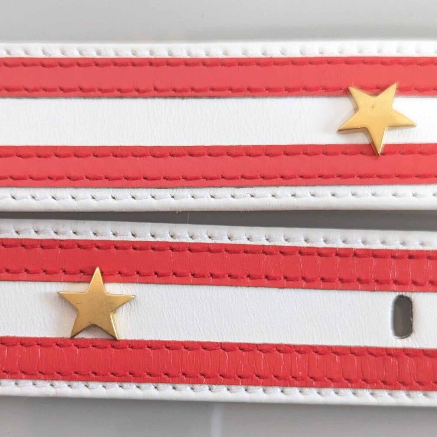 Escada Vintage Red White Striped Leather Belt Gold Star Studs Buckle Adjustable