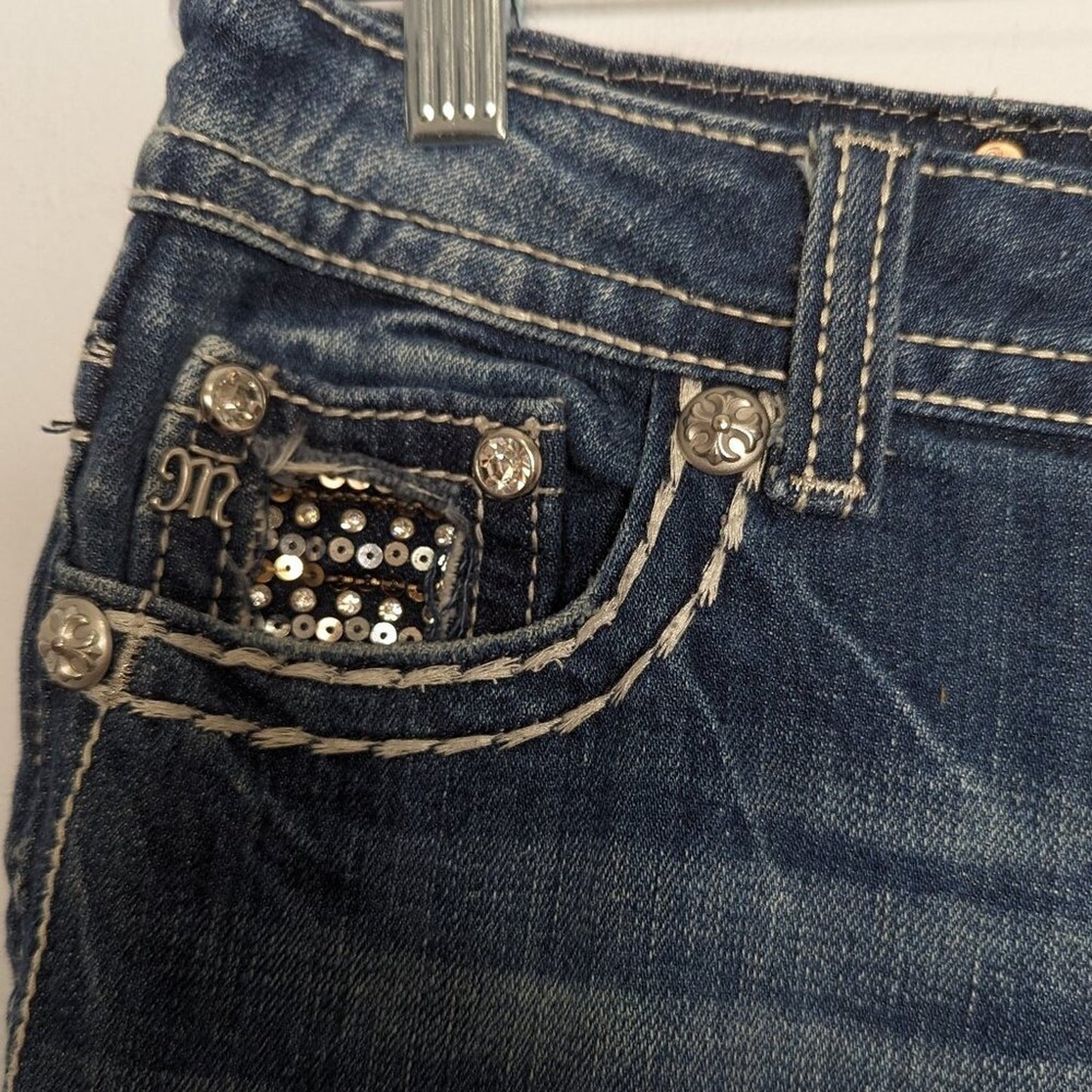 Miss Me Blue Sequin Low Rise Easy Boot Cut Jeans Button Pocket Jeweled 27