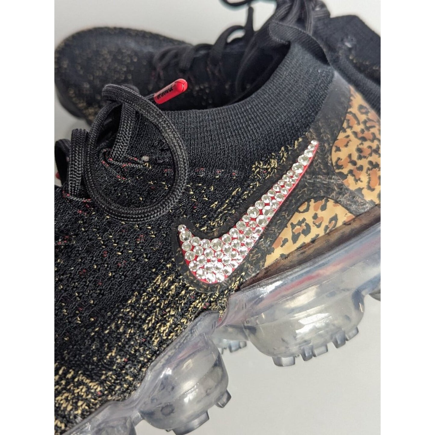 Nike Air VaporMax Flyknit 2 Black Cheetah Print Size 7.5 Custom Rhinestone Logo