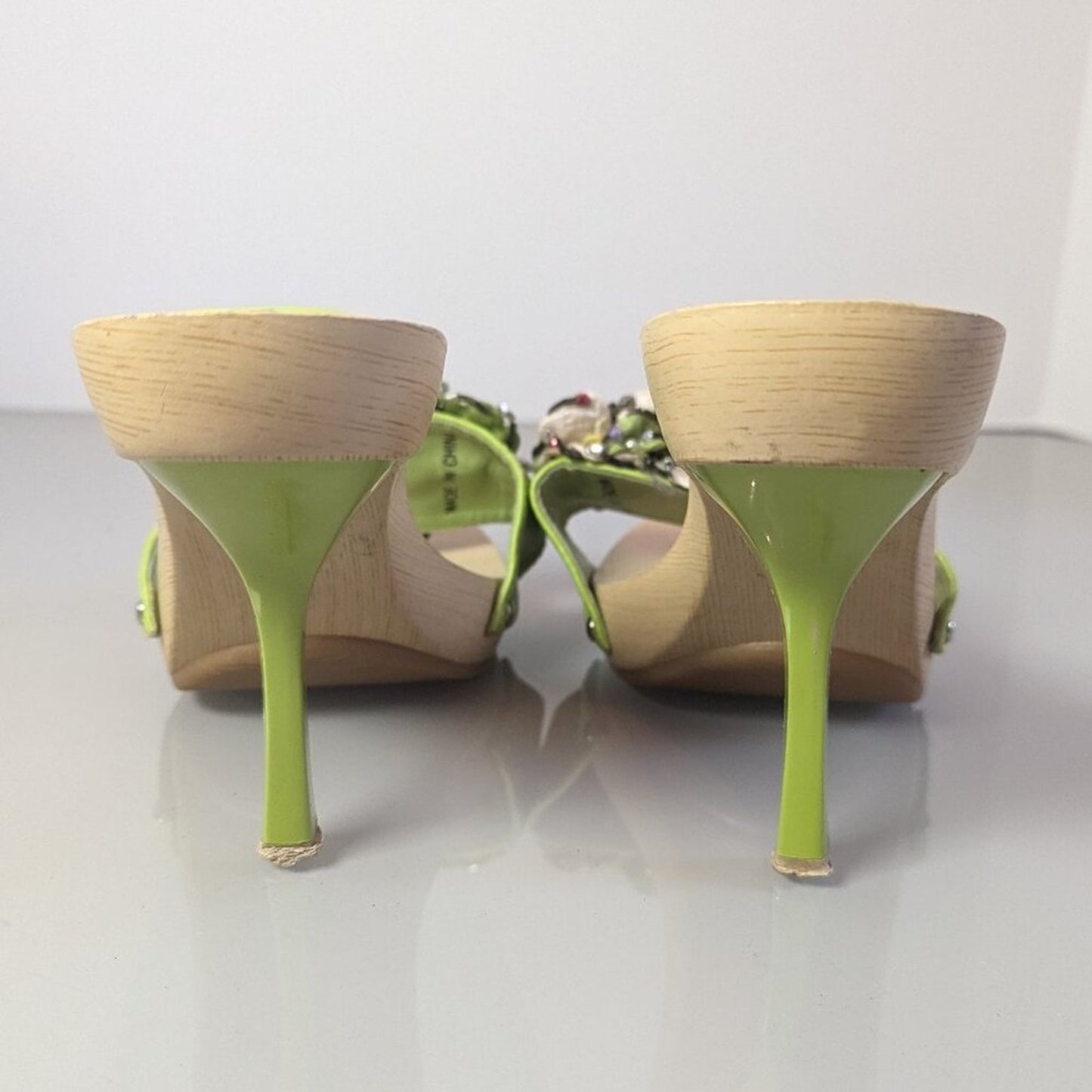 Pierre Dumas Vintage Y2K Lime Green Beaded Ruffle Sandals Slip On Heels Size 9