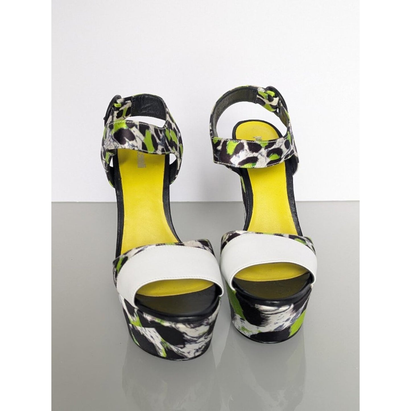 Just Cavalli Y2K Neon Black White Animal Print Open Toe Wedge Heels Size 38