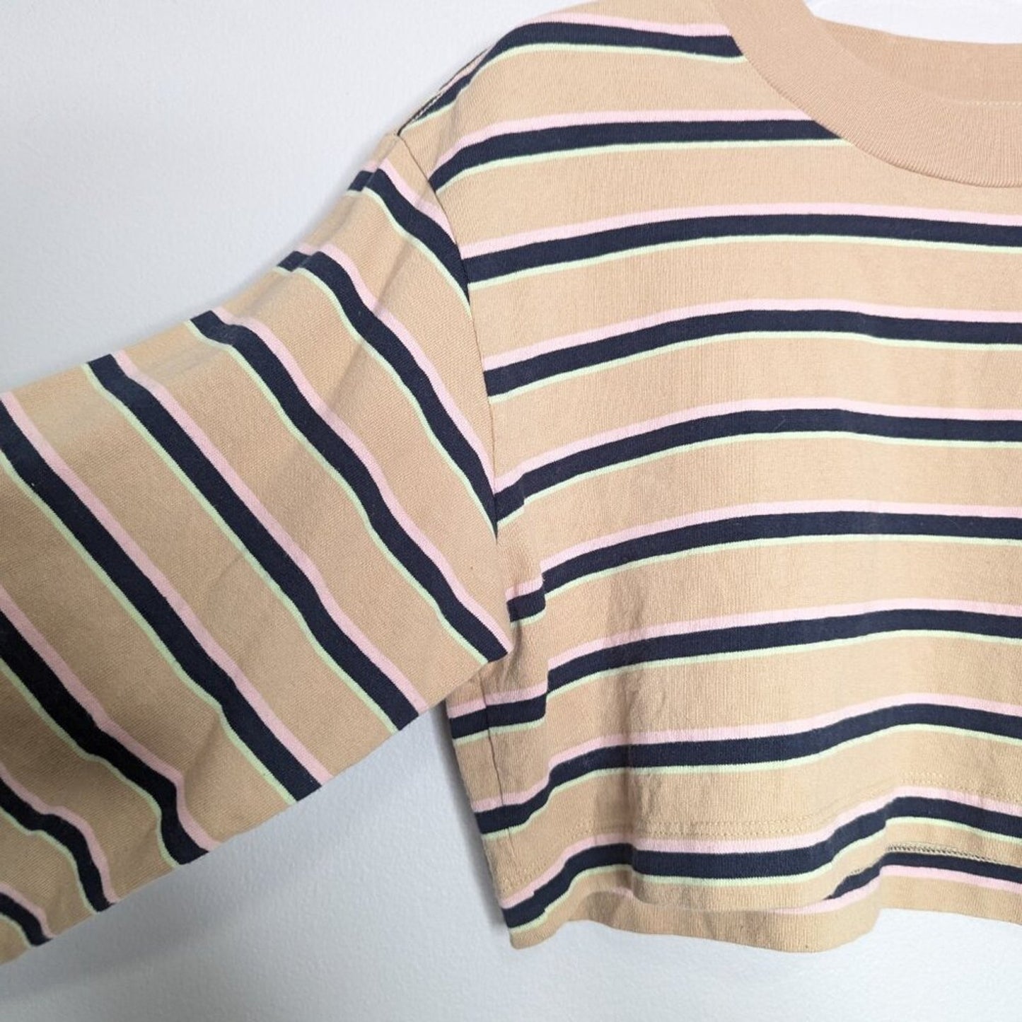 Aritzia TNA Ryer Cropped Stripe Long Sleeve Top Beige Pink Navy Blue Crewneck S