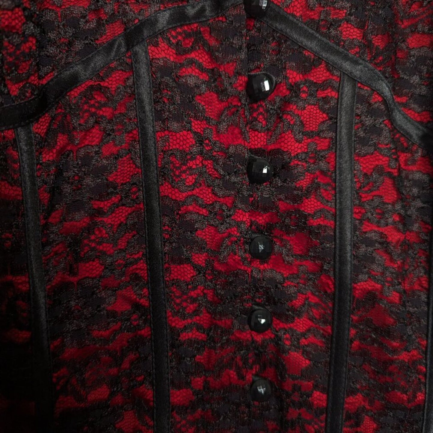 Vintage 90's JR Nites Red Black Lace Blazer Satin Trim Long Sleeve Goth Glam