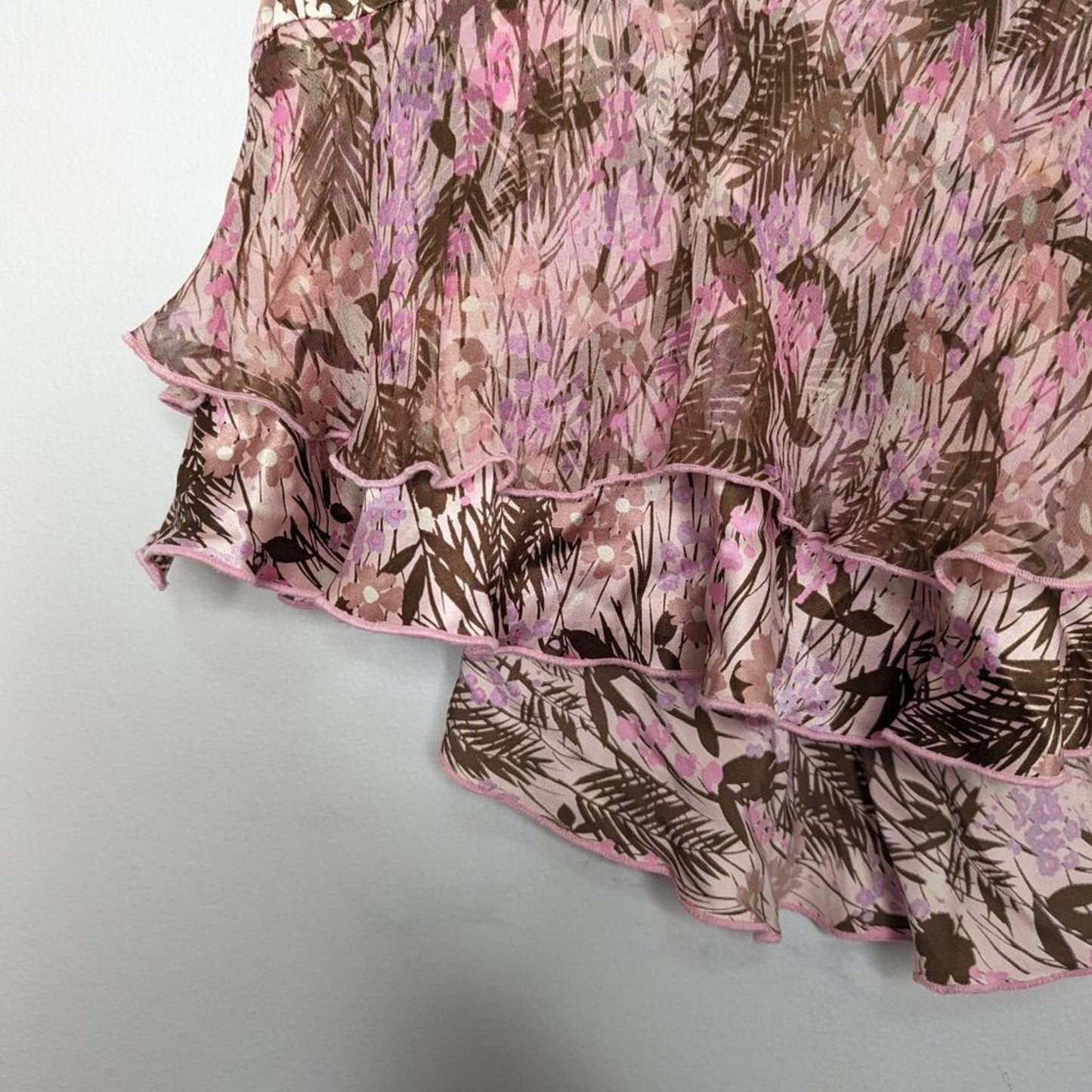 Fray Pink Palm Leaf Print Silk Layered Mini Skirt Side Zip Size 4