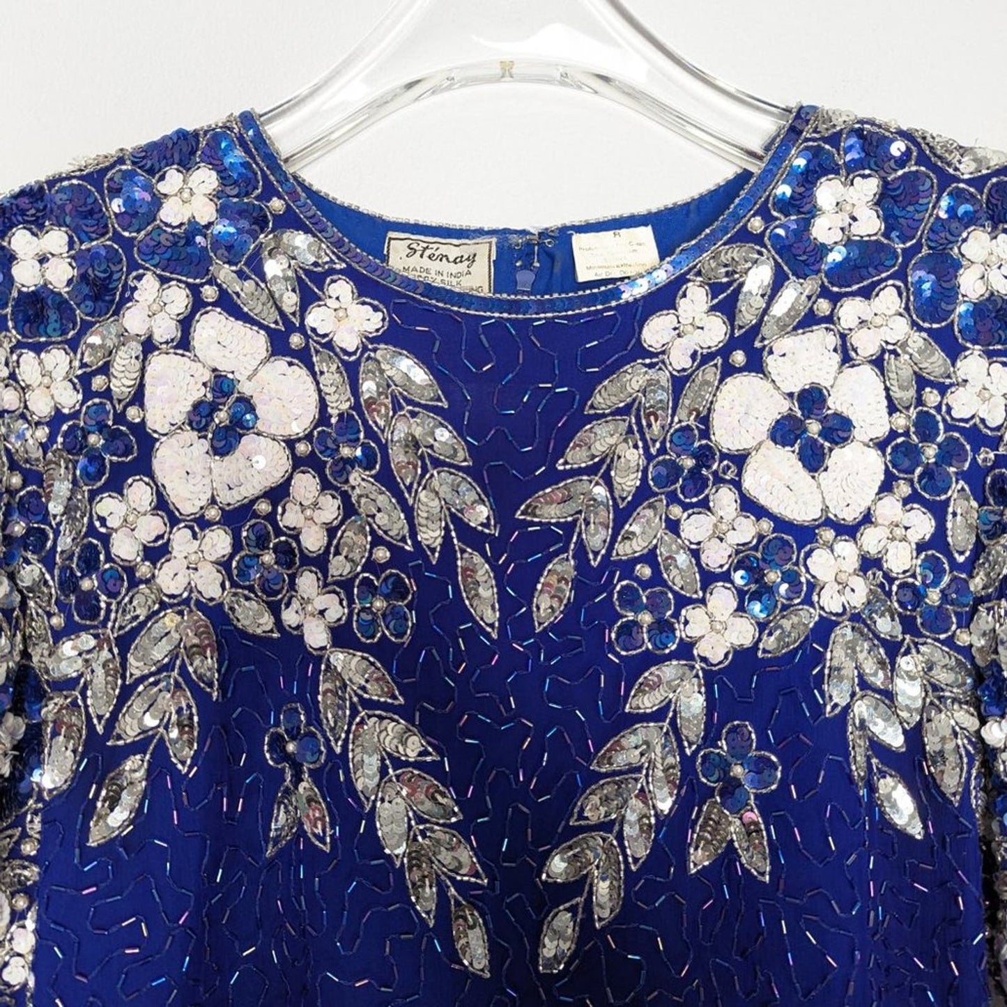 Vintage Stenay Blue Short Sleeve Sequin Beaded Top Floral Silk Back Zip Size 8