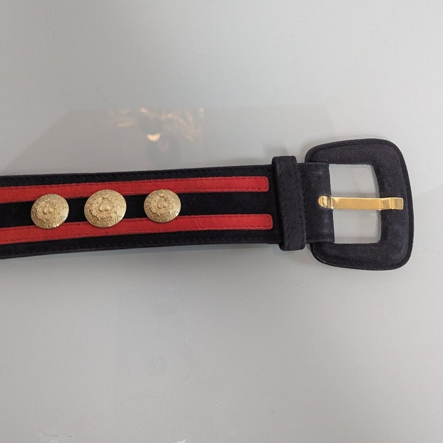 Escada Vintage Suede Striped Belt Gold Valour For Glamour Medallions Adjustable