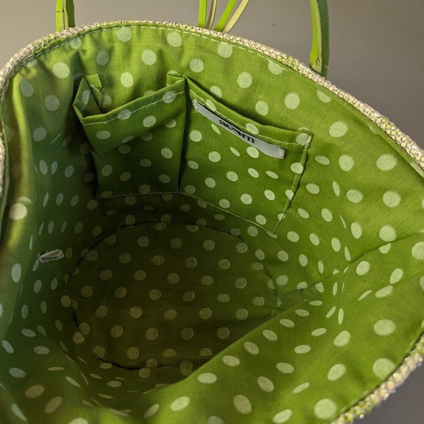 Acorn Green Polka Dot Double Handle Bag Silver Mesh Overlay Button Detail