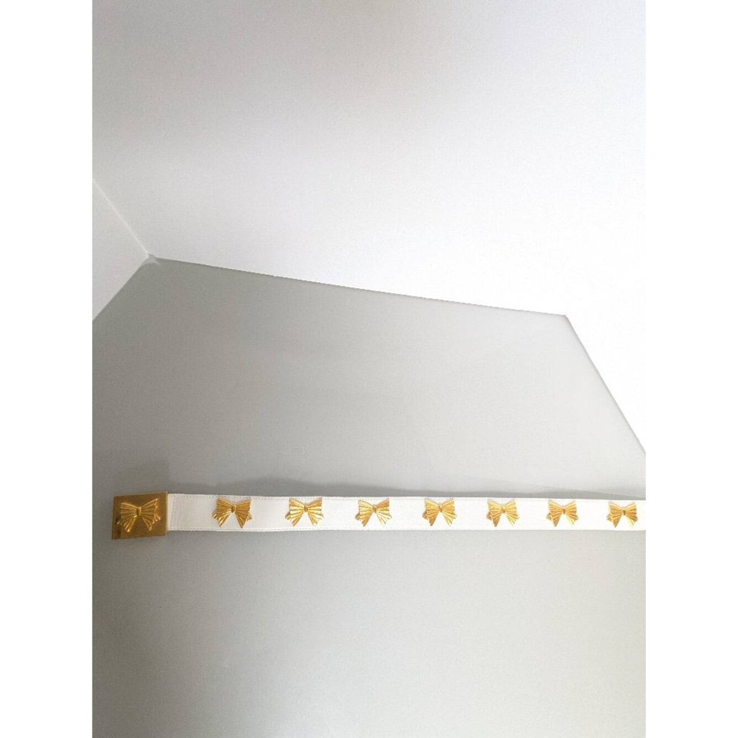 Escada Vintage White Leather Belt Gold Tone Bow Studs Bow Belt Buckle