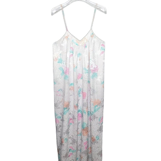 Mary McFadden Vintage White Satin Floral Print Maxi Slip Dress Nightgown Size M