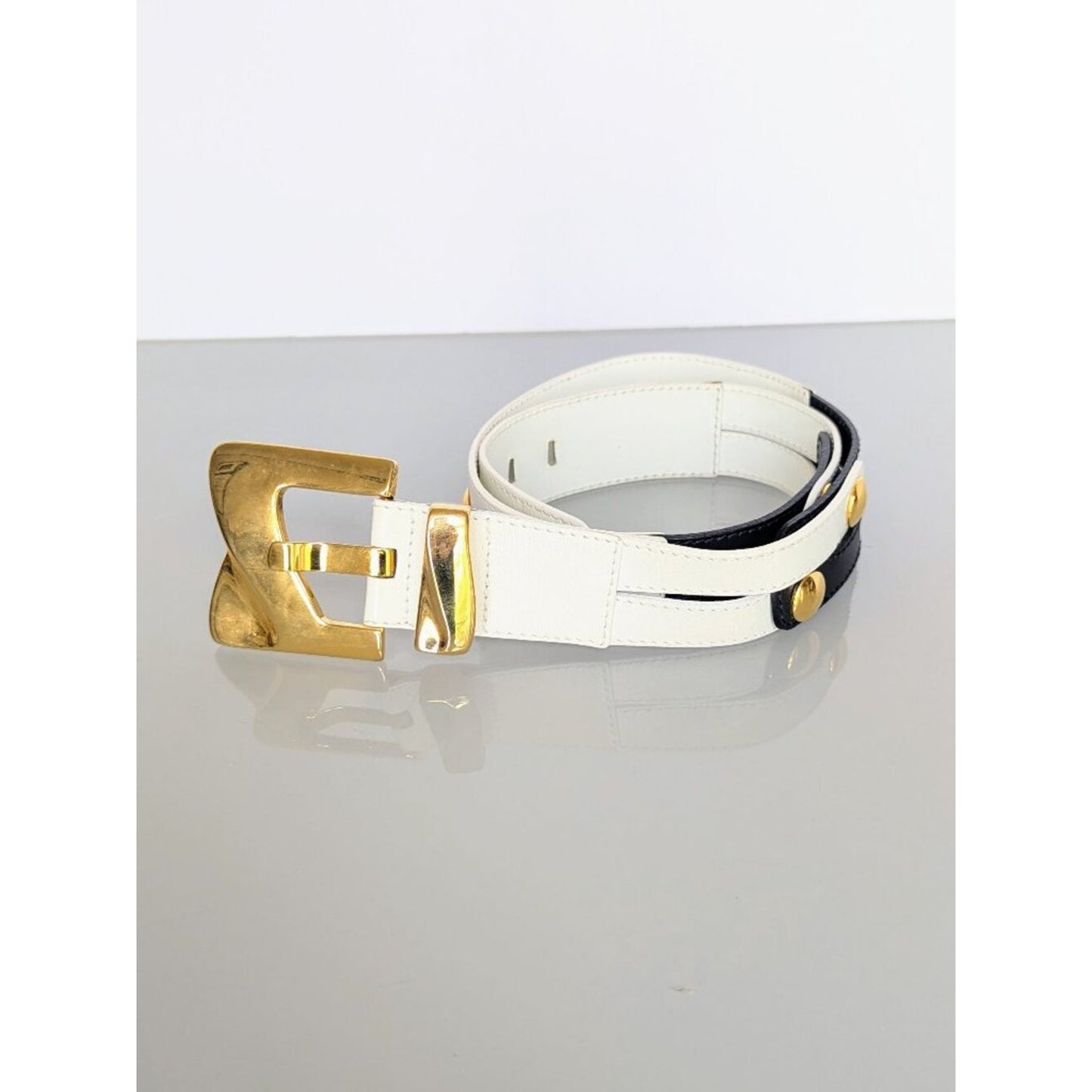 Escada Vintage Black And White Leather Belt Gold Tone Round Studs