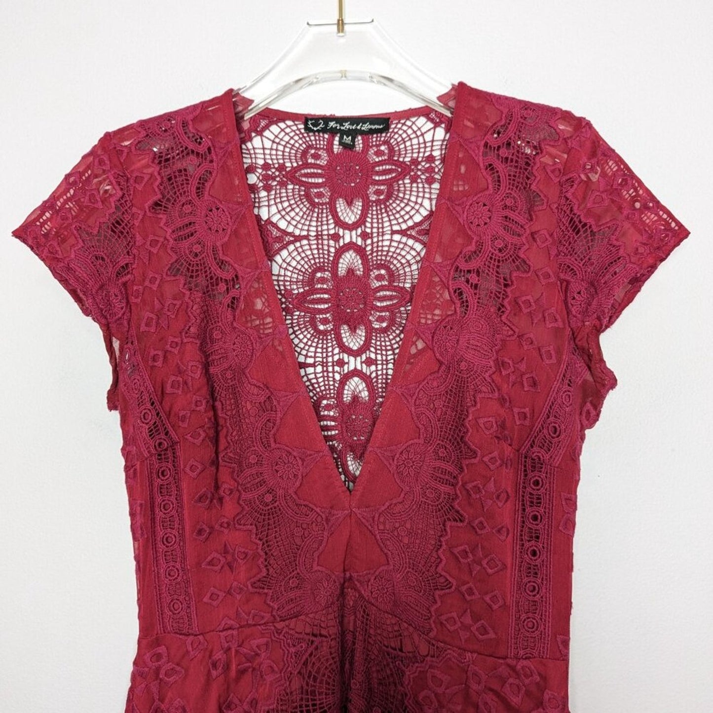 For Love And Lemons Burgundy Sienna Mini Dress Deep V-Neck Short Sleeve Lace M