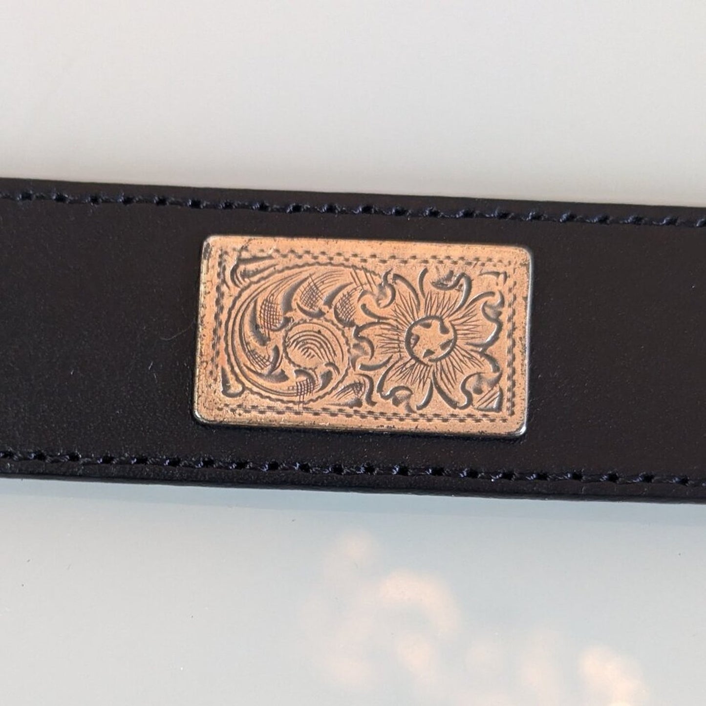 Olga Santini Vintage Black Leather Belt Silver Floral Embossed Square Studs