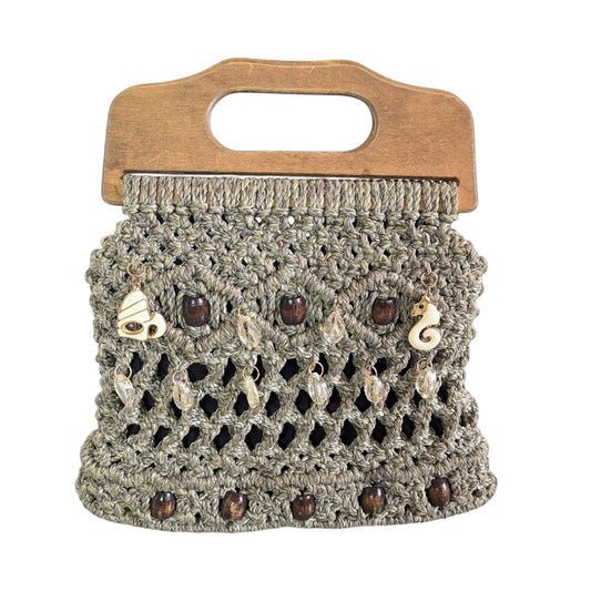Vintage Taupe Macrame Bag Double Wooden Handle Upcycled Jewelry Charms Shells