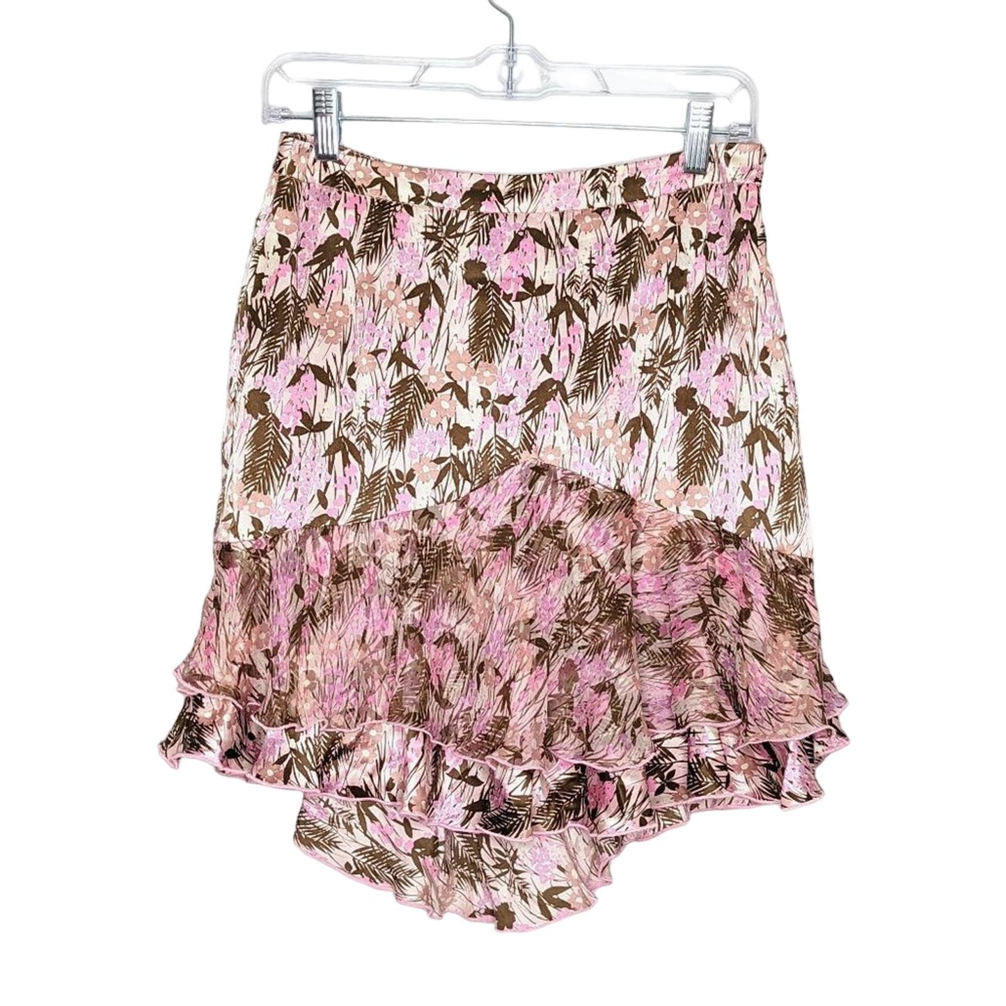 Fray Pink Palm Leaf Print Silk Layered Mini Skirt Side Zip Size 4