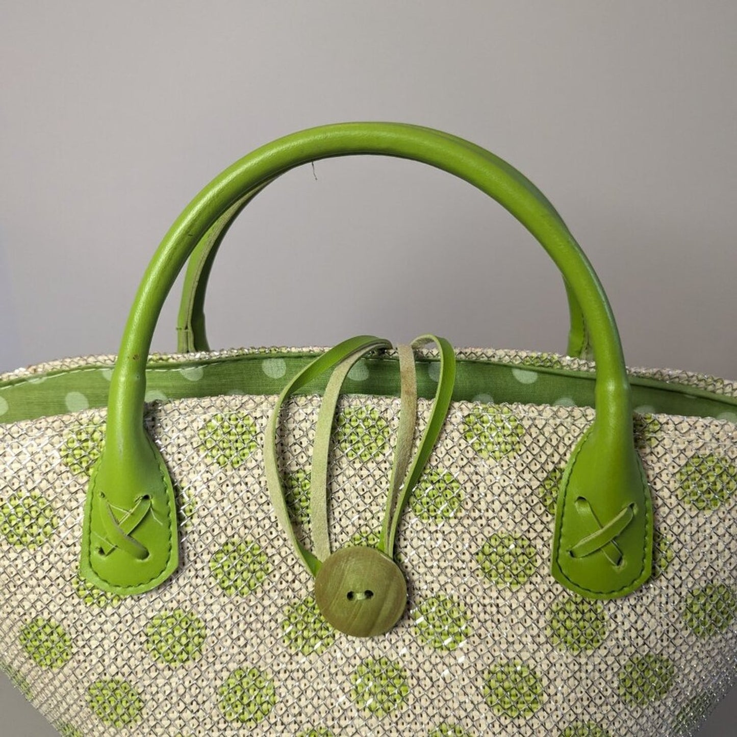 Acorn Green Polka Dot Double Handle Bag Silver Mesh Overlay Button Detail