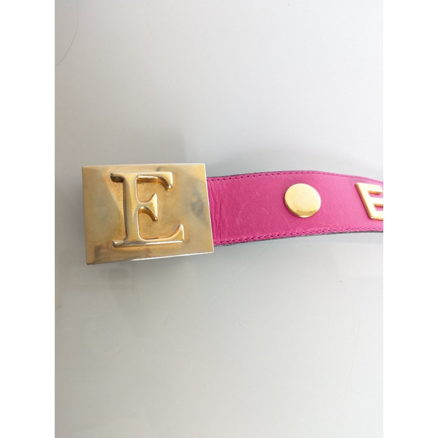 Escada Vintage Hot Pink Leather Belt Gold Tone Studded "Escada" Lettering
