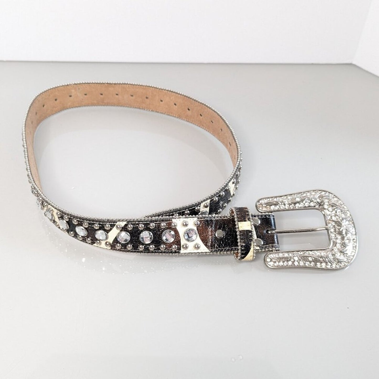 Blazin Roxx Brown Animal Print Rhinestone Leather Belt Silver Buckle Western