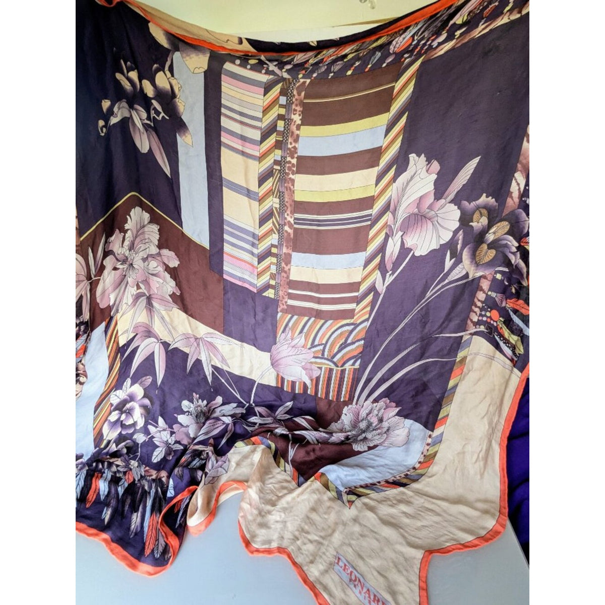 Vintage Leonard Paris Floral & Geometric 53 in Large Silk Square Scarf