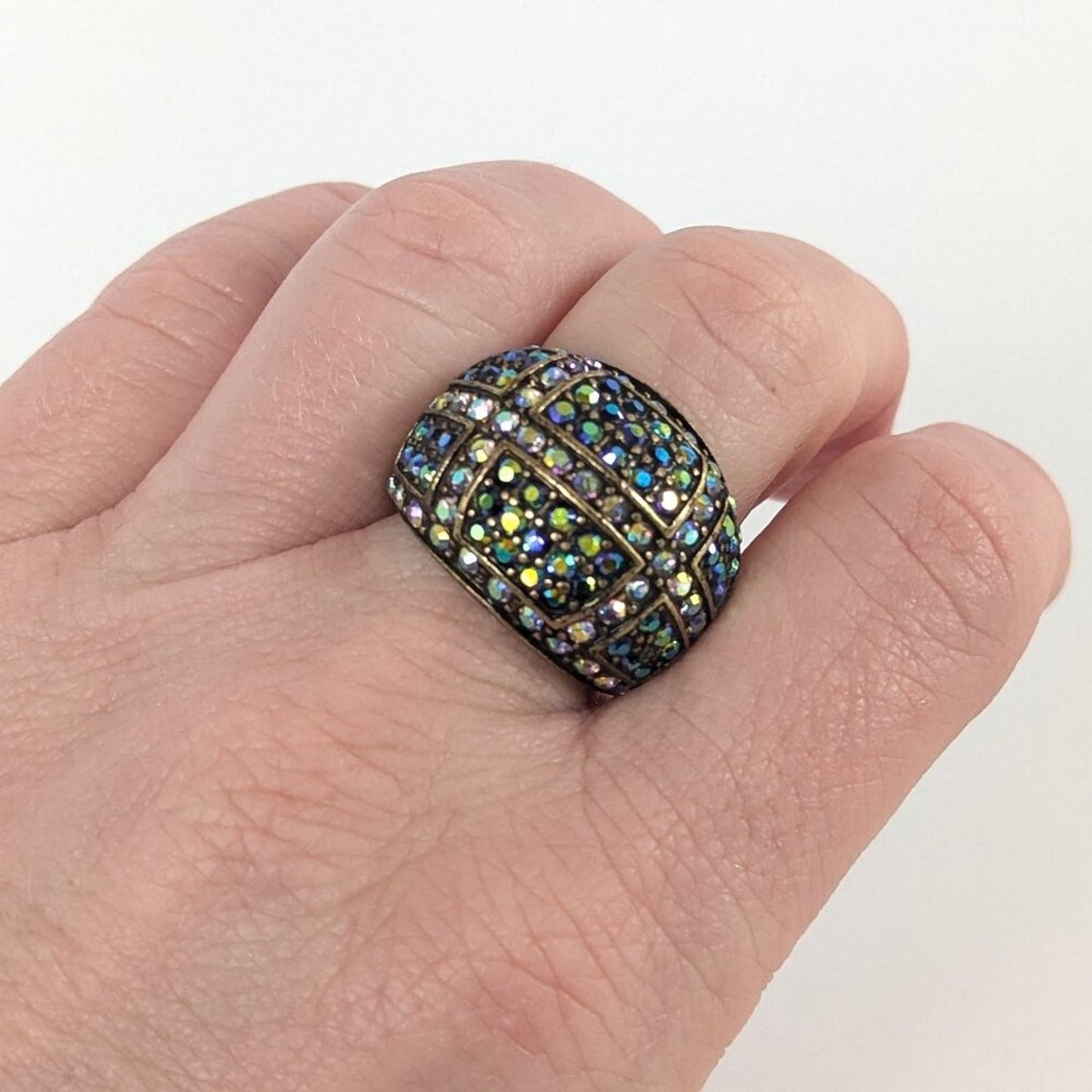 Heidi Daus Swarovski Aurora Borealis Crystal Dome Ring Brass Gold Tone Size 7