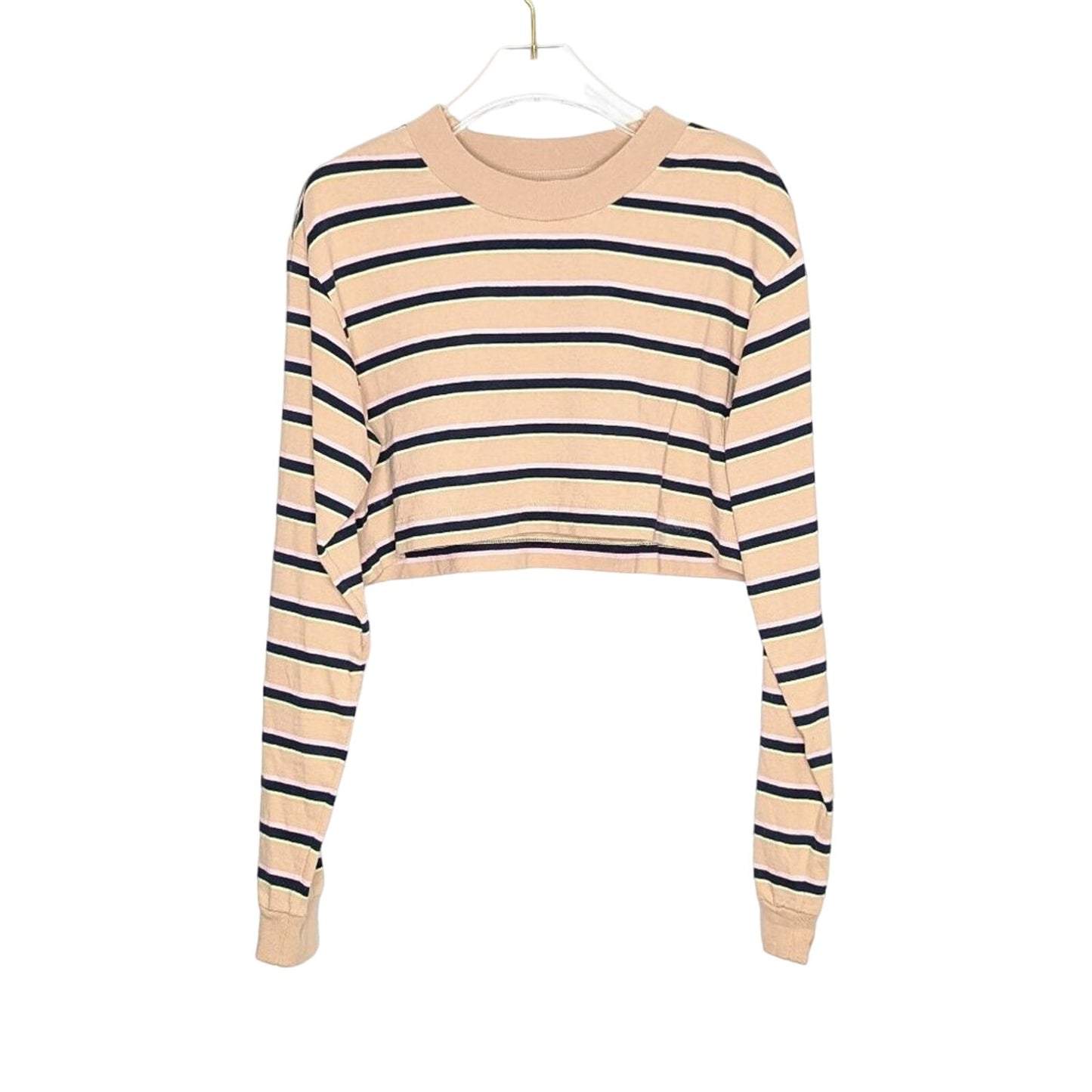 Aritzia TNA Ryer Cropped Stripe Long Sleeve Top Beige Pink Navy Blue Crewneck S