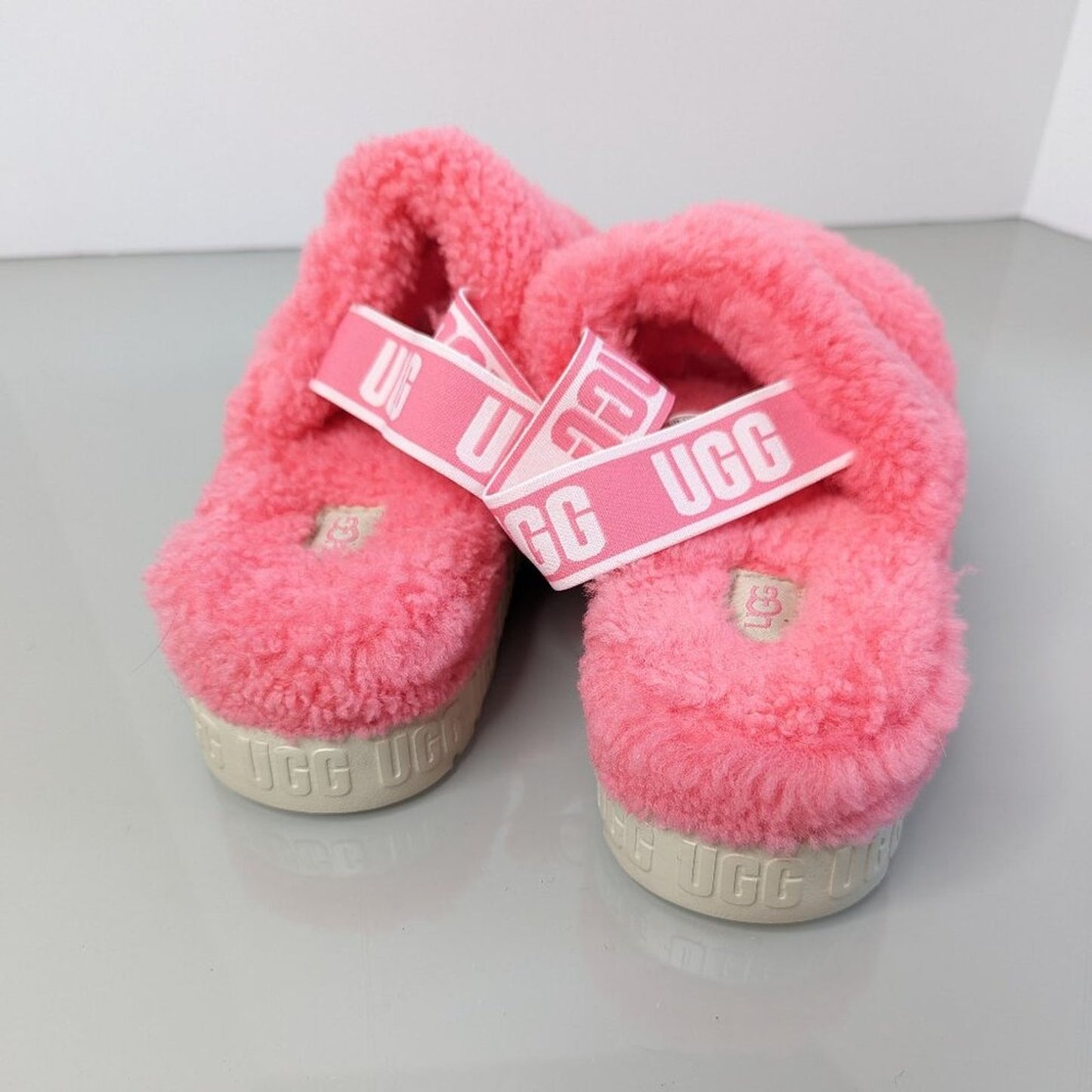 Ugg Pink Rose Oh Fluffita Slingback Sandals Logo Strap Shearling Platform 8 NWOT