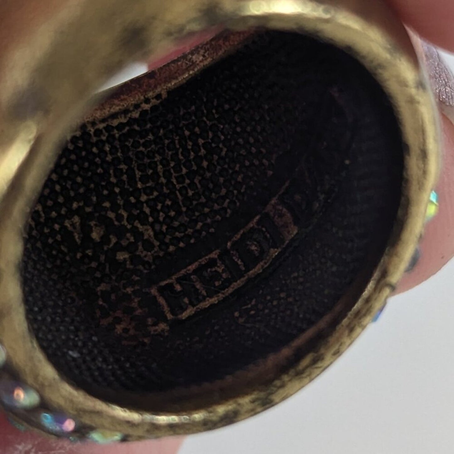 Heidi Daus Swarovski Aurora Borealis Crystal Dome Ring Brass Gold Tone Size 7